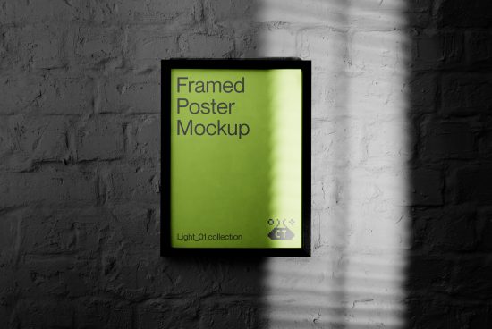 Framed poster mockup on textured wall with dramatic lighting, ideal for presenting artwork, graphic design mockup, realistic interior display.